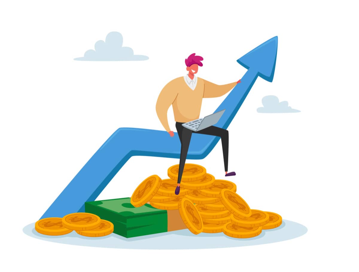 A graphic of a man on an upward arrow with money below