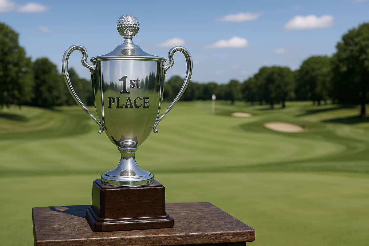 A first place trophy on a golf course