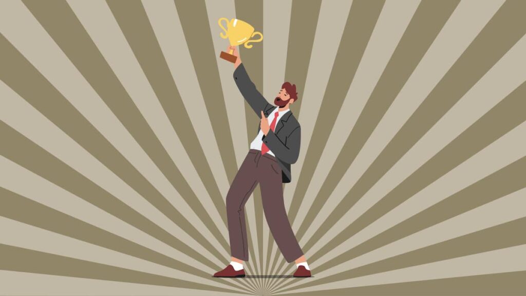 A graphic of a man holding a trophy