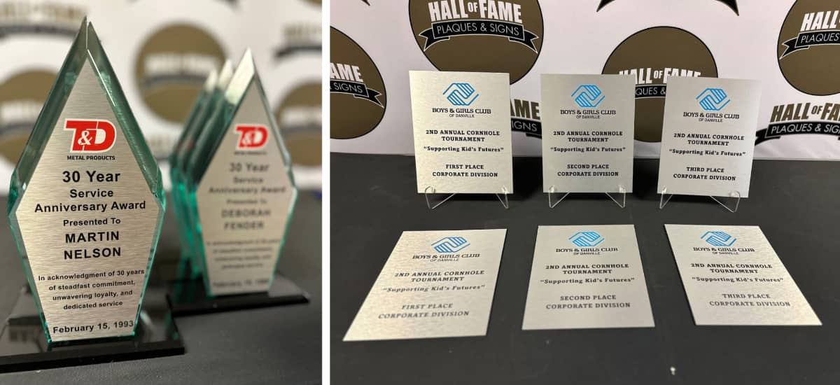 Two pictures: one of a trophy and one of plaques