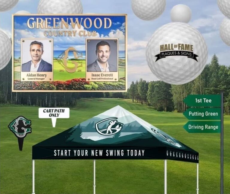 Golf plaques and a logo on a golf ball with a golf course in the background