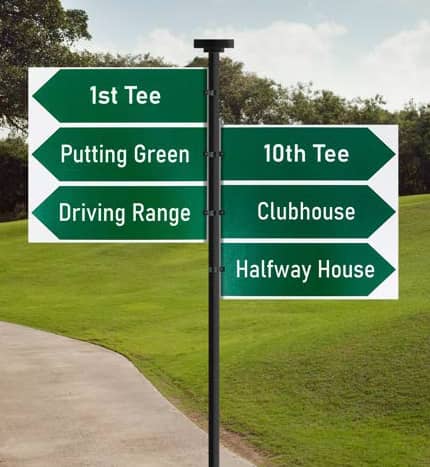Directional Signage to 1st tee, putting green, driving range, 10th tee, clubhouse, halfway house