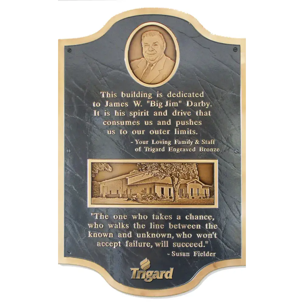 Arched custom bronze building dedication plaque featuring a 3D portrait and a bas-relief sculpted building rendering.