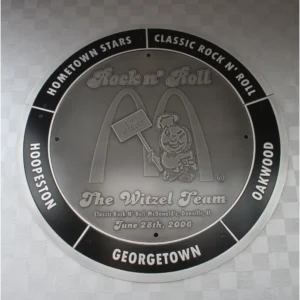 Large Circular Brushed Aluminum Logo Plaque with Custom Corporate Branding and Black Recessed Border