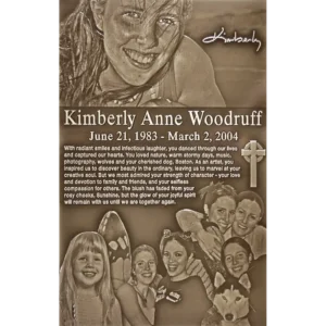 Dark oxide metal memorial plaque featuring a highly detailed laser-etched photo collage of a young woman and her dog.