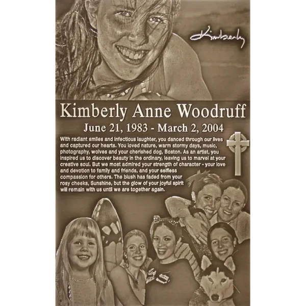 Dark oxide metal memorial plaque featuring a highly detailed laser-etched photo collage of a young woman and her dog.