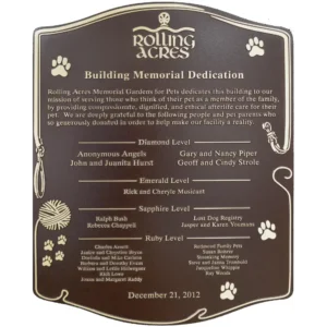 Bronze pet memorial donor plaque for an animal shelter showing tiered giving levels and paw prints.