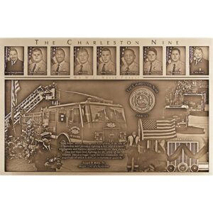 Large Custom Bronze Firefighter Memorial Plaque with Bas-Relief Fire Truck and Hero Portraits