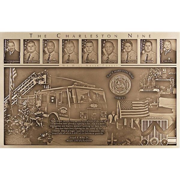 Large Custom Bronze Firefighter Memorial Plaque with Bas-Relief Fire Truck and Hero Portraits