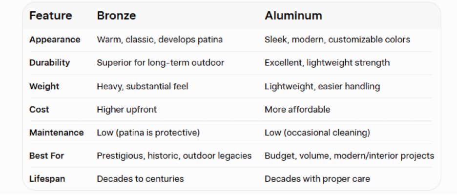 Comparison chart of bronze vs aluminum plaques