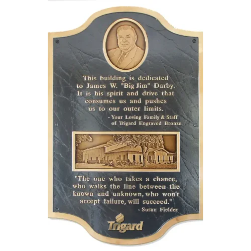 Arched custom bronze building dedication plaque featuring a 3D portrait and a bas-relief sculpted building rendering.