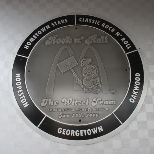 Large Circular Brushed Aluminum Logo Plaque with Custom Corporate Branding and Black Recessed Border