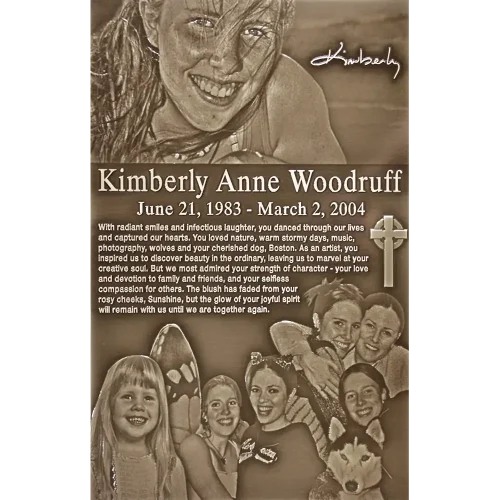 Dark oxide metal memorial plaque featuring a highly detailed laser-etched photo collage of a young woman and her dog.