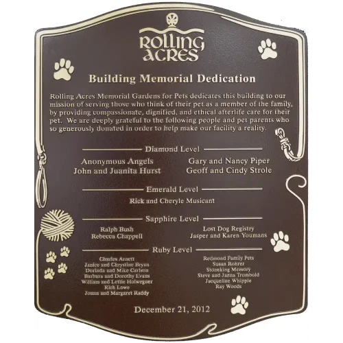 Bronze pet memorial donor plaque for an animal shelter showing tiered giving levels and paw prints.