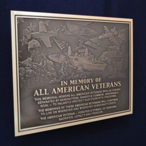Outdoor Bronze Military Veteran Memorial Plaque with Patriotic American Flag and Aircraft Engravings