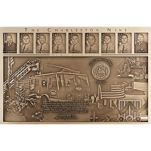 Large Custom Bronze Firefighter Memorial Plaque with Bas-Relief Fire Truck and Hero Portraits